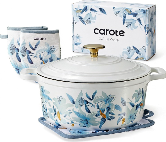 CAROTE 5QT Floral Cast Iron Dutch Oven